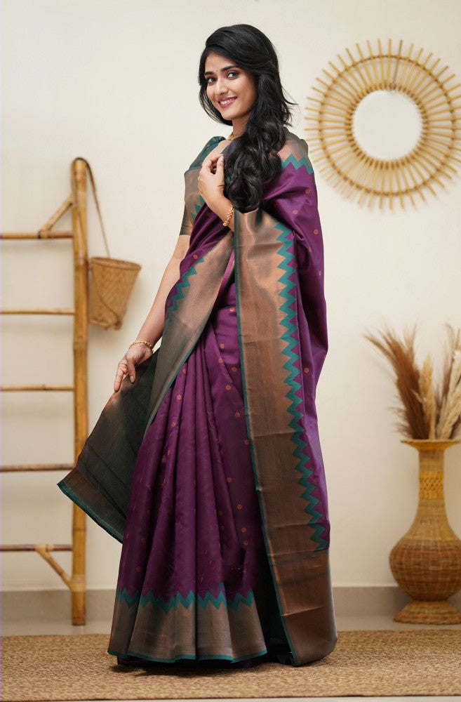 Trendy Purple Soft Banarasi Silk Saree With Radiant Blouse Piece