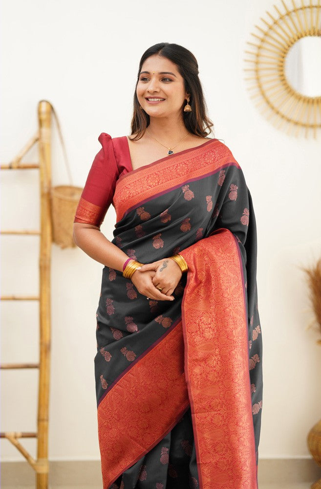 Effervescent Black Soft Silk Saree With Eloquence Blouse Piece