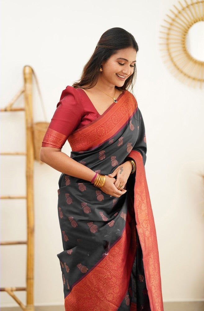 Effervescent Black Soft Silk Saree With Eloquence Blouse Piece