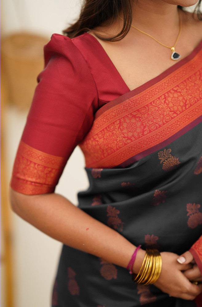 Effervescent Black Soft Silk Saree With Eloquence Blouse Piece