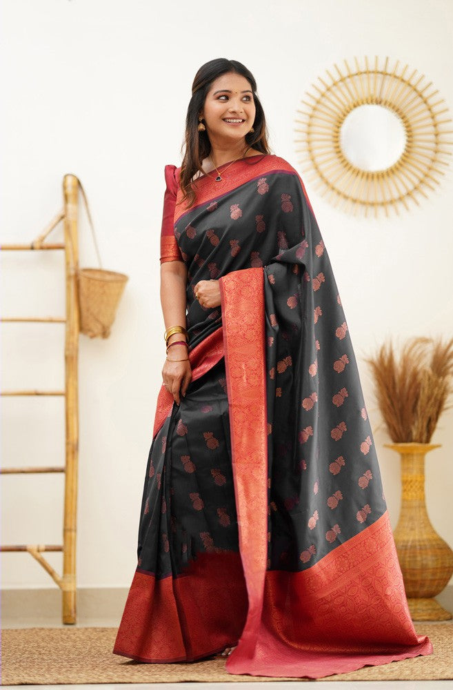 Effervescent Black Soft Silk Saree With Eloquence Blouse Piece