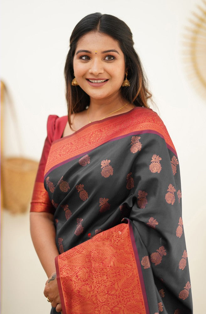 Effervescent Black Soft Silk Saree With Eloquence Blouse Piece