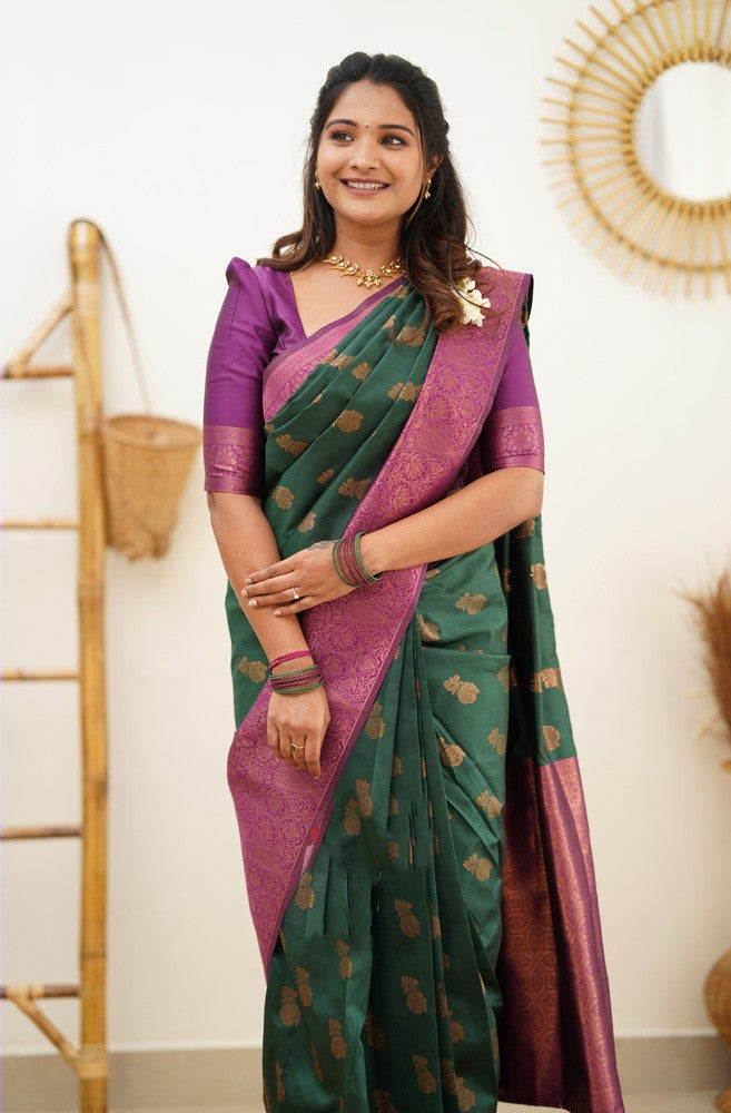 Ebullience Green Soft Silk Saree With Elision Blouse Piece