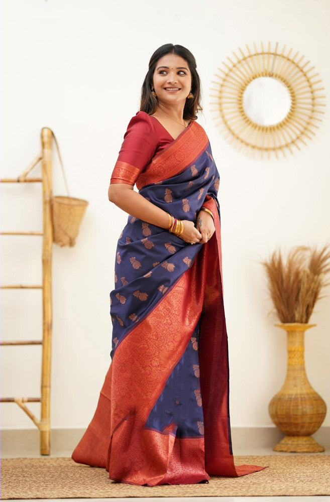 Skinny Navy Blue Soft Silk Saree With Classic Blouse Piece