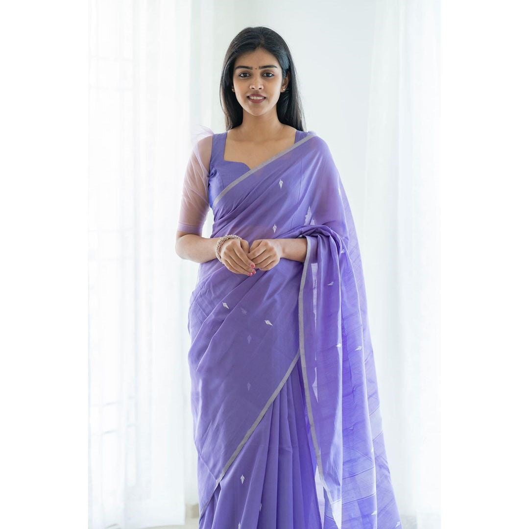 Sophisticated Lavendor Cotton Silk Saree With Attractive Blouse Piece