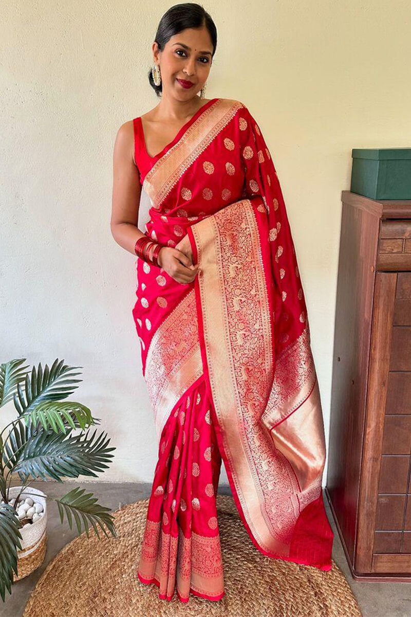 Capricious Red Soft Silk Saree With Extraordinary Blouse Piece