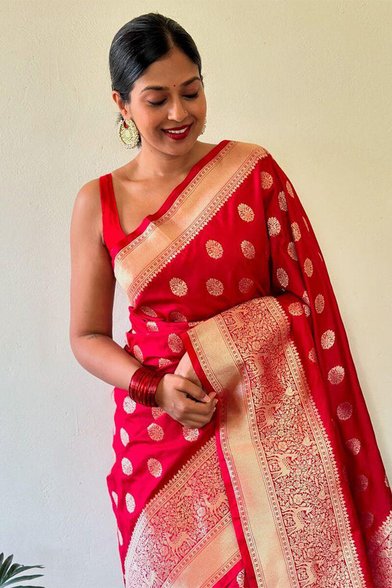 Capricious Red Soft Silk Saree With Extraordinary Blouse Piece