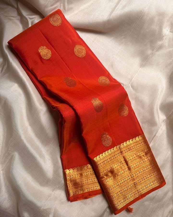 Mesmerising Orange Soft Silk Saree With Pretty Blouse Piece