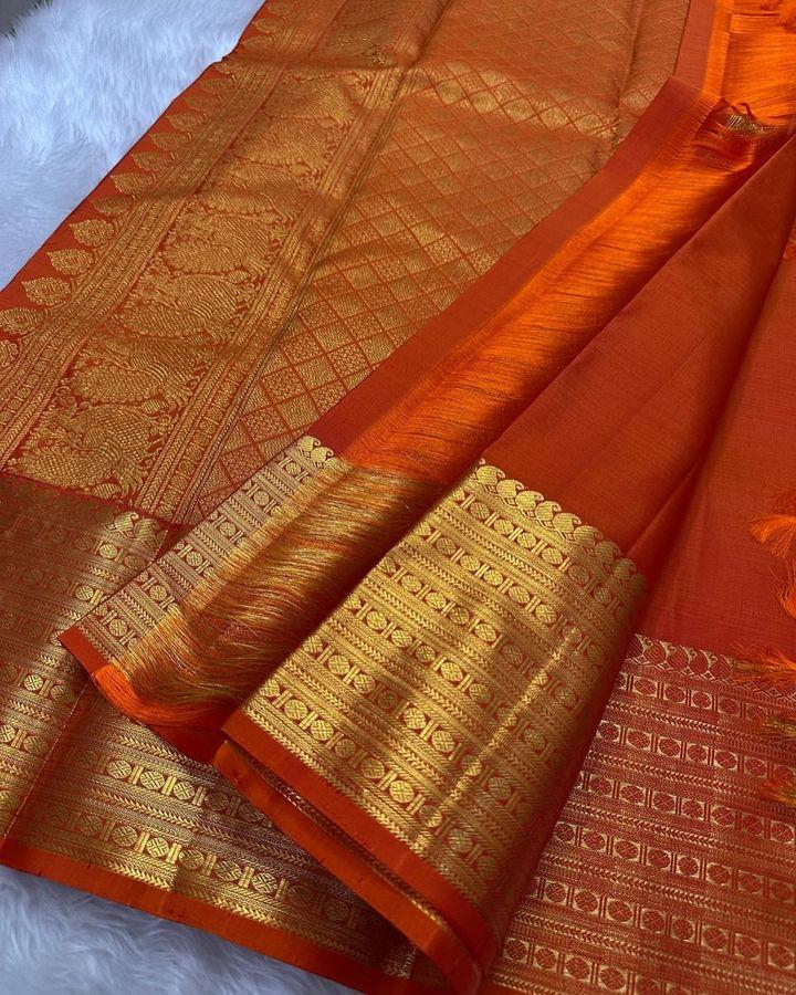 Mesmerising Orange Soft Silk Saree With Pretty Blouse Piece