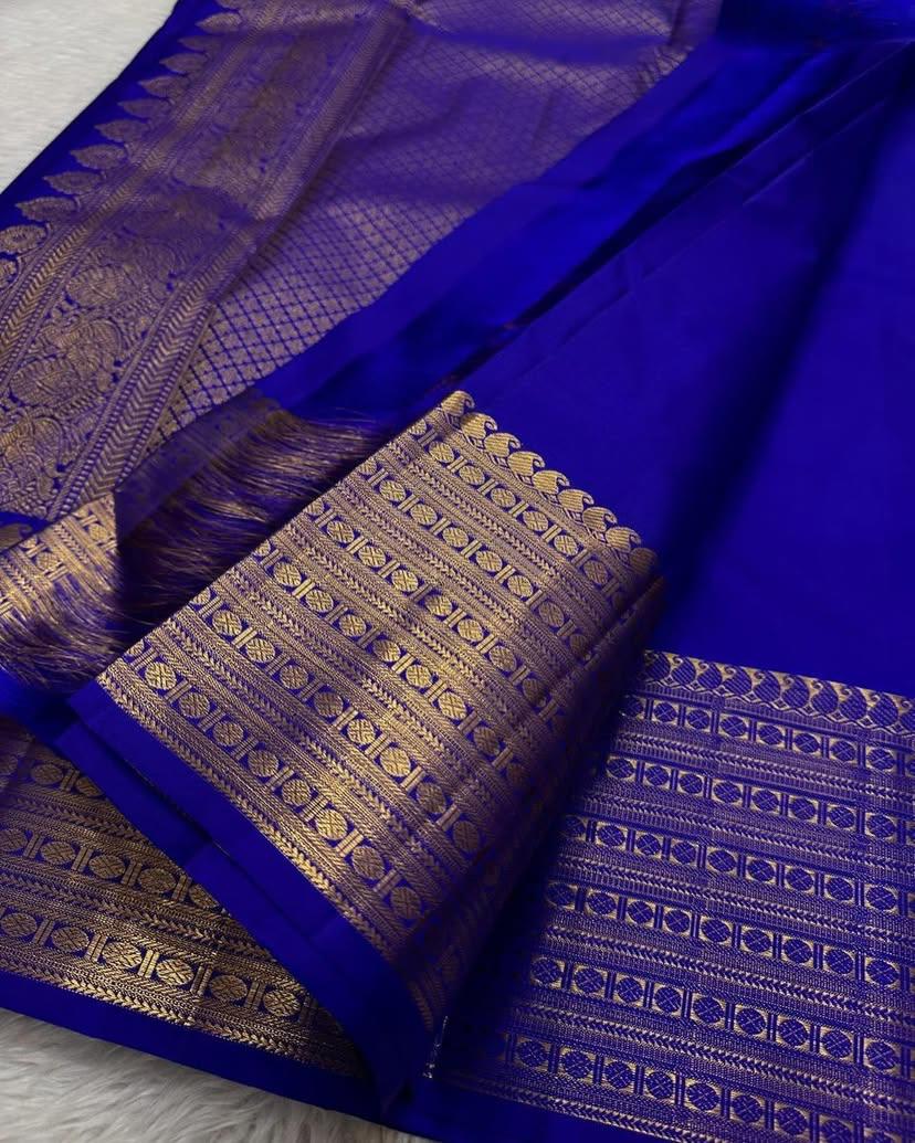 Embellished Royal Blue Soft Silk Saree With Pretty Blouse Piece