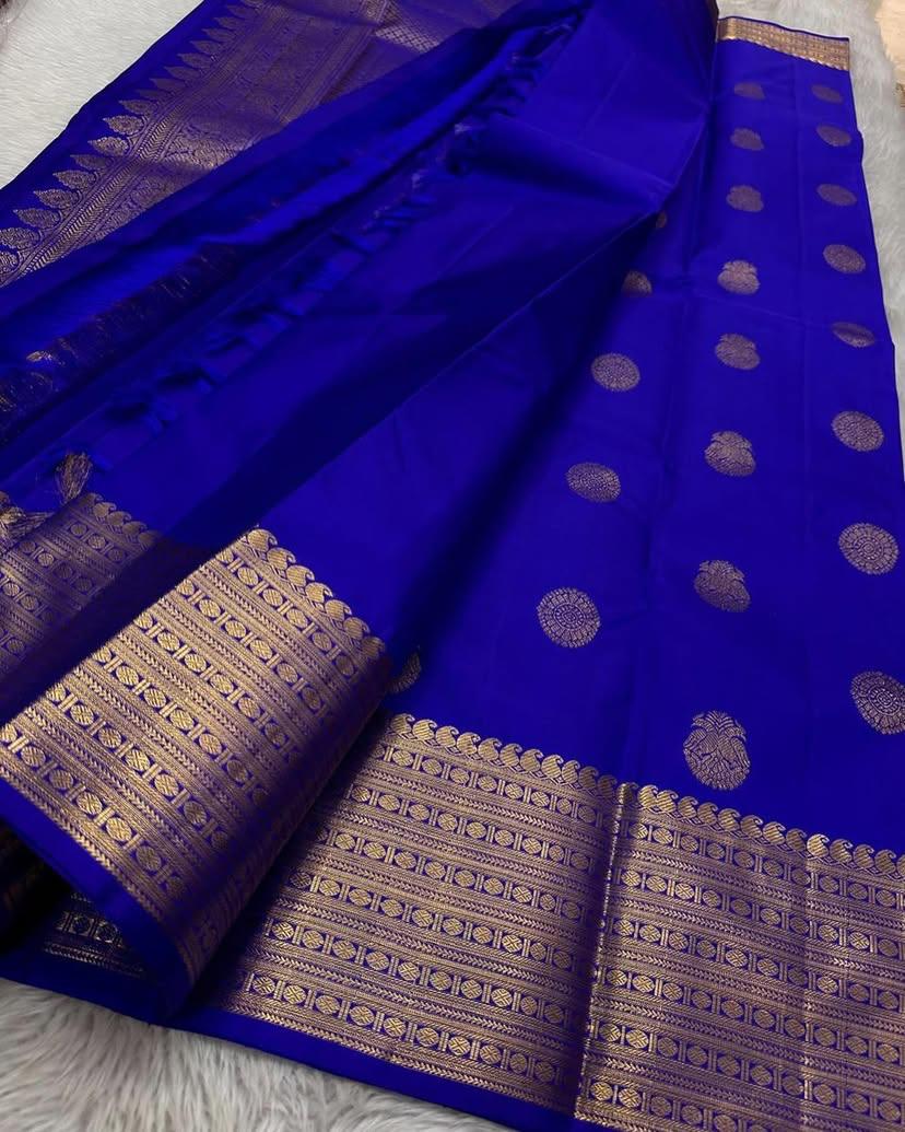 Embellished Royal Blue Soft Silk Saree With Pretty Blouse Piece