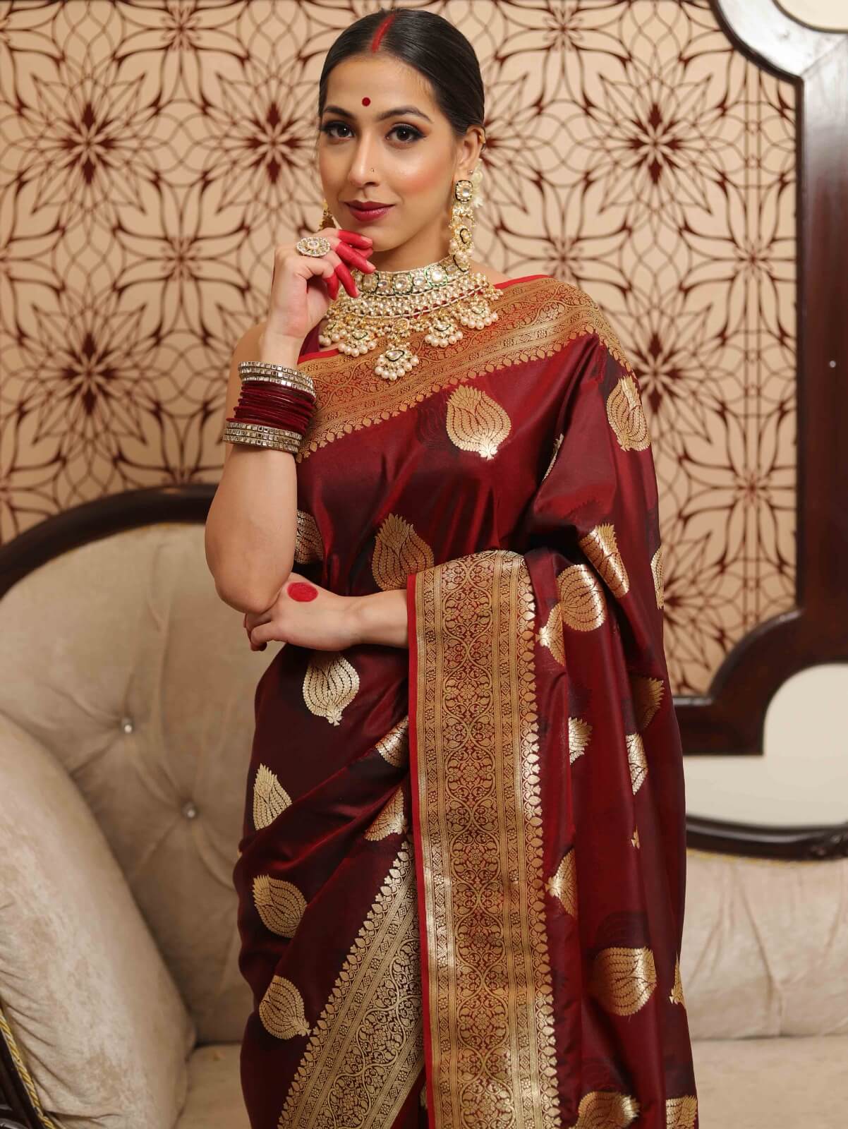 Sizzling Wine Soft Silk Saree With Innovative Blouse Piece