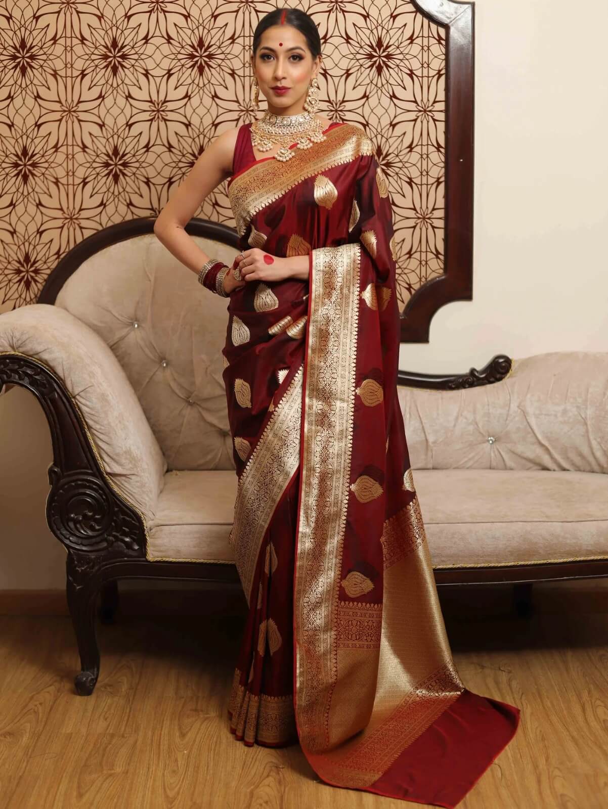 Sizzling Wine Soft Silk Saree With Innovative Blouse Piece