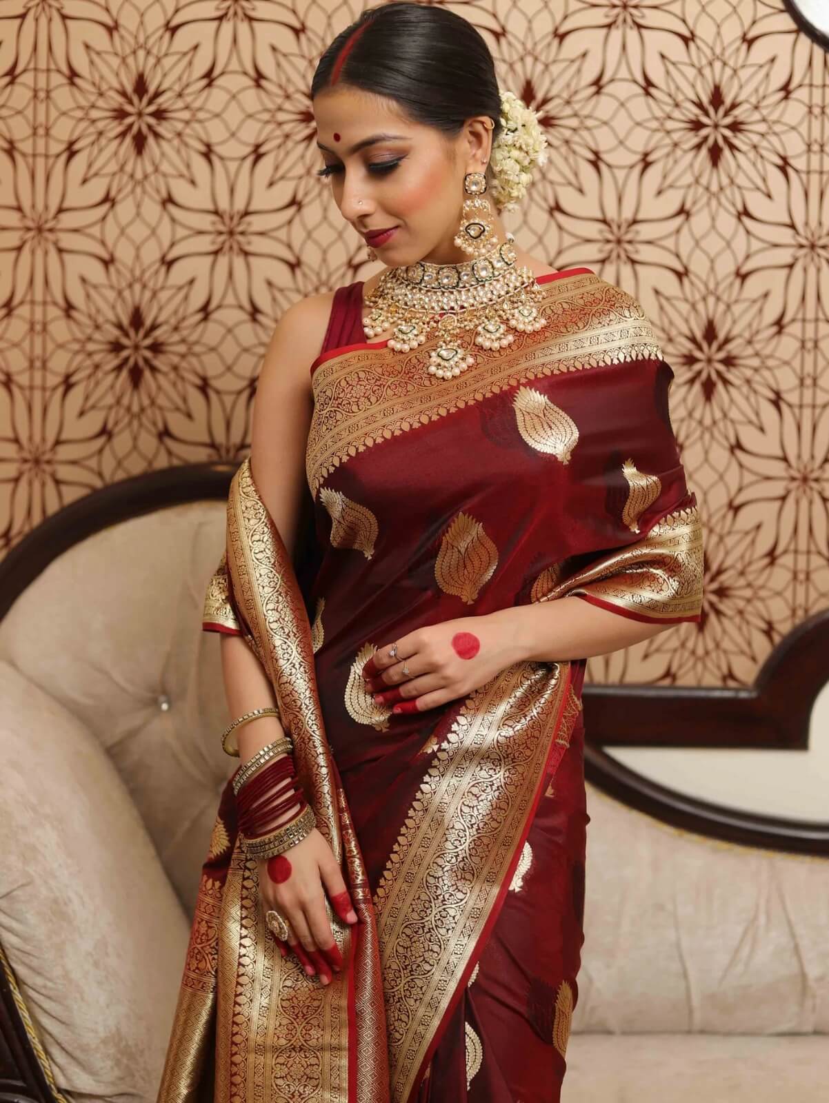 Sizzling Wine Soft Silk Saree With Innovative Blouse Piece