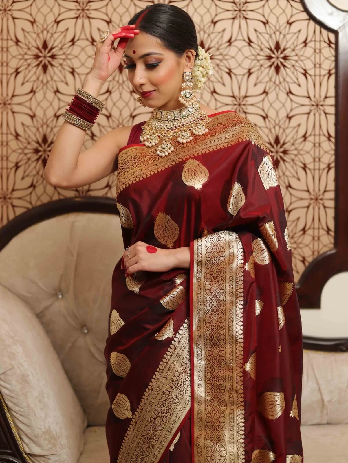 Sizzling Wine Soft Silk Saree With Innovative Blouse Piece