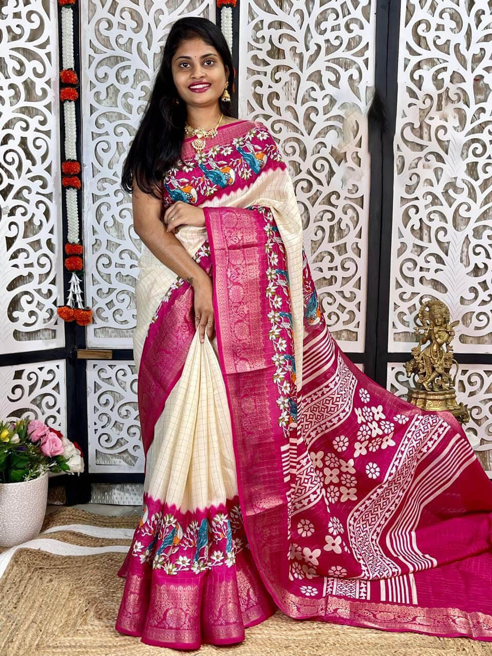 Imbrication Beige Digital Printed Dola Silk Saree With Classy Blouse Piece