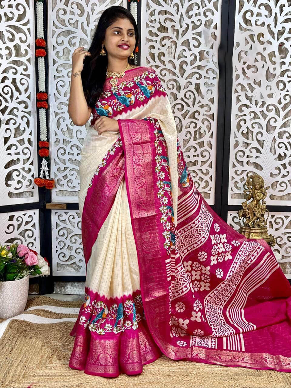 Imbrication Beige Digital Printed Dola Silk Saree With Classy Blouse Piece