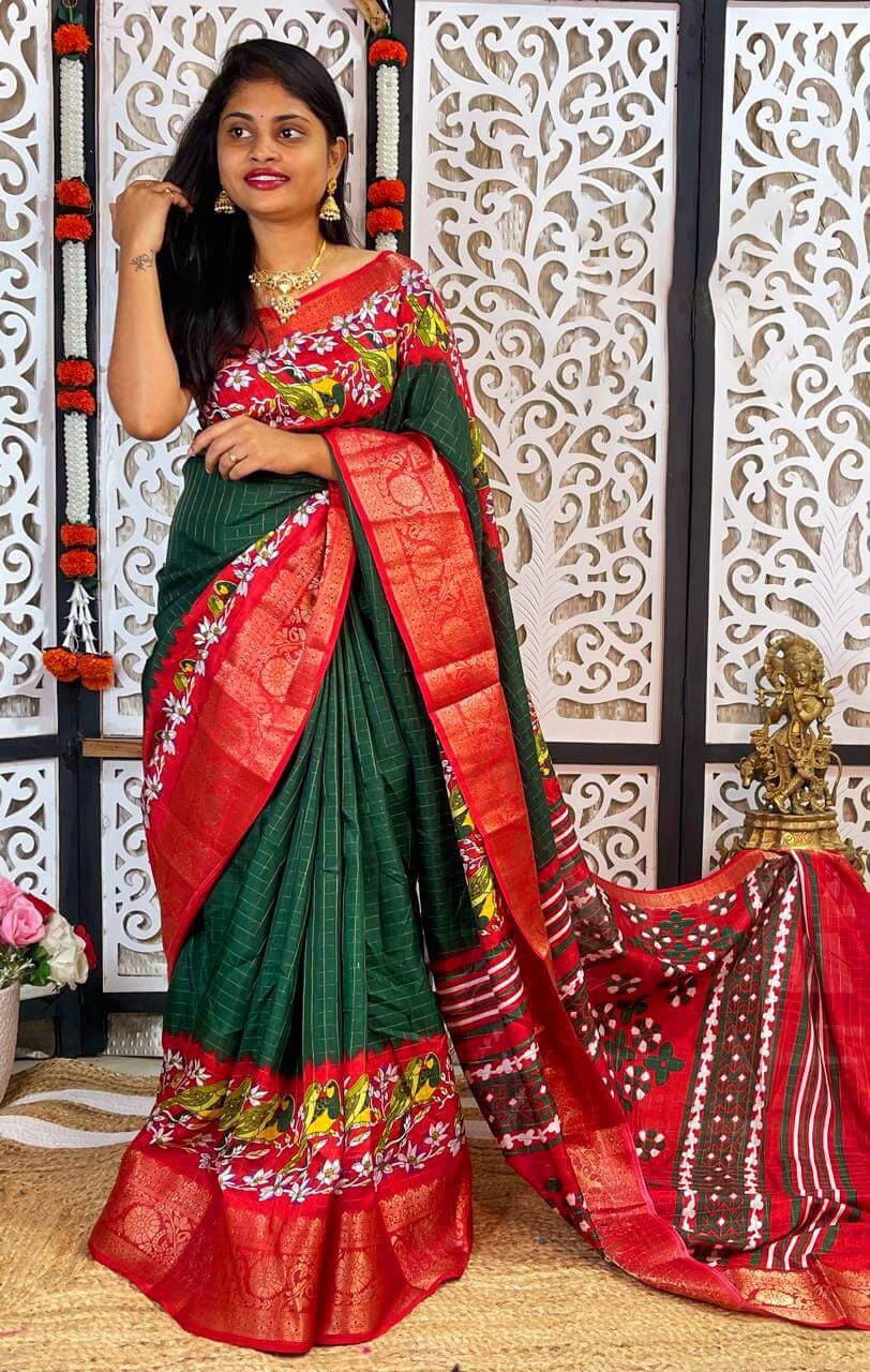 Classy Dark Green Digital Printed Dola Silk Saree With Nemesis Blouse Piece