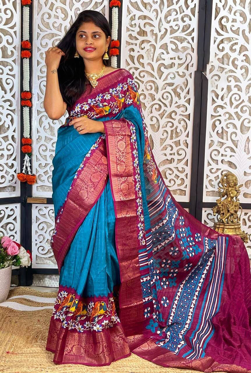 Gossamer Firozi Digital Printed Dola Silk Saree With Pretty Blouse Piece