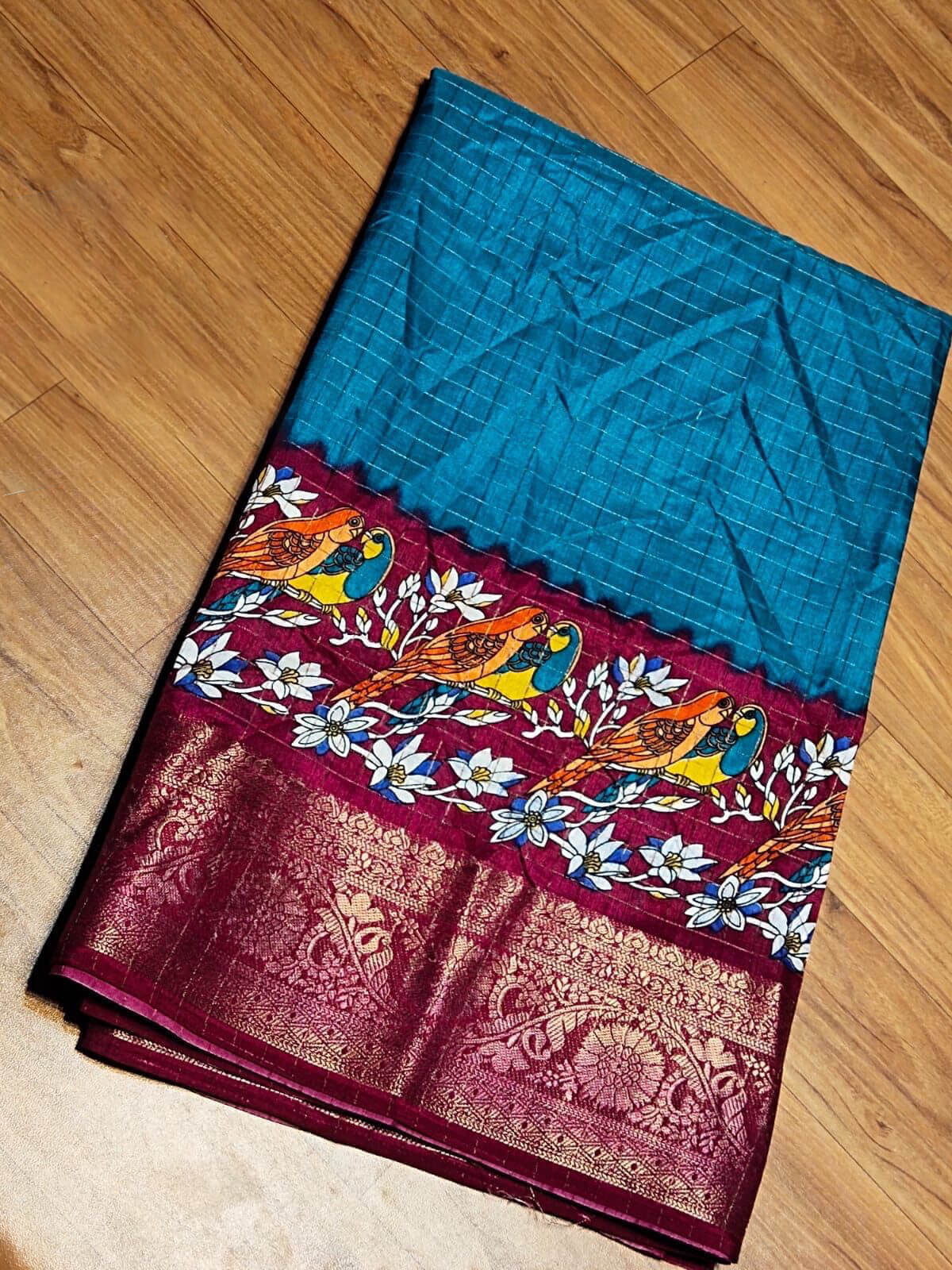 Gossamer Firozi Digital Printed Dola Silk Saree With Pretty Blouse Piece