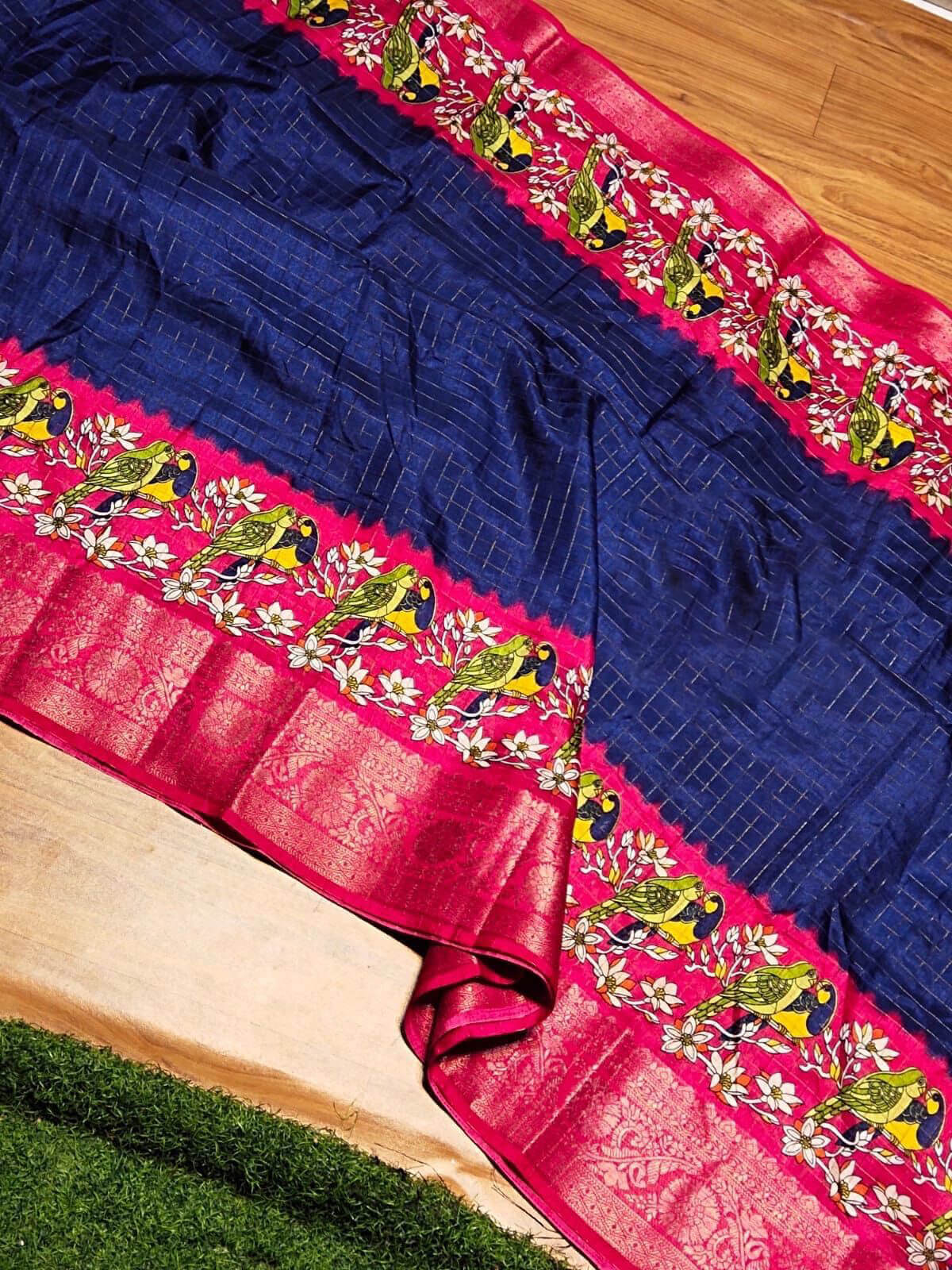 Amazing Navy Blue Digital Printed Dola Silk Saree With Moiety Blouse Piece