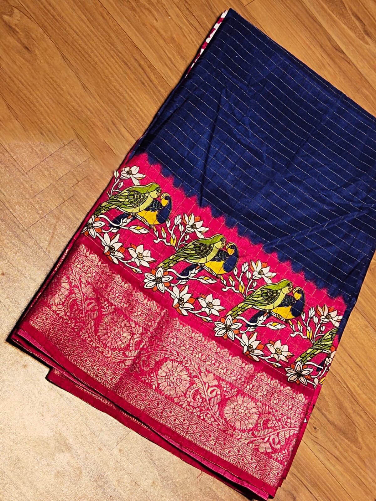 Amazing Navy Blue Digital Printed Dola Silk Saree With Moiety Blouse Piece