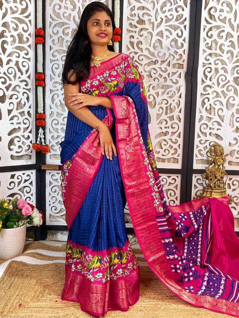 Amazing Navy Blue Digital Printed Dola Silk Saree With Moiety Blouse Piece