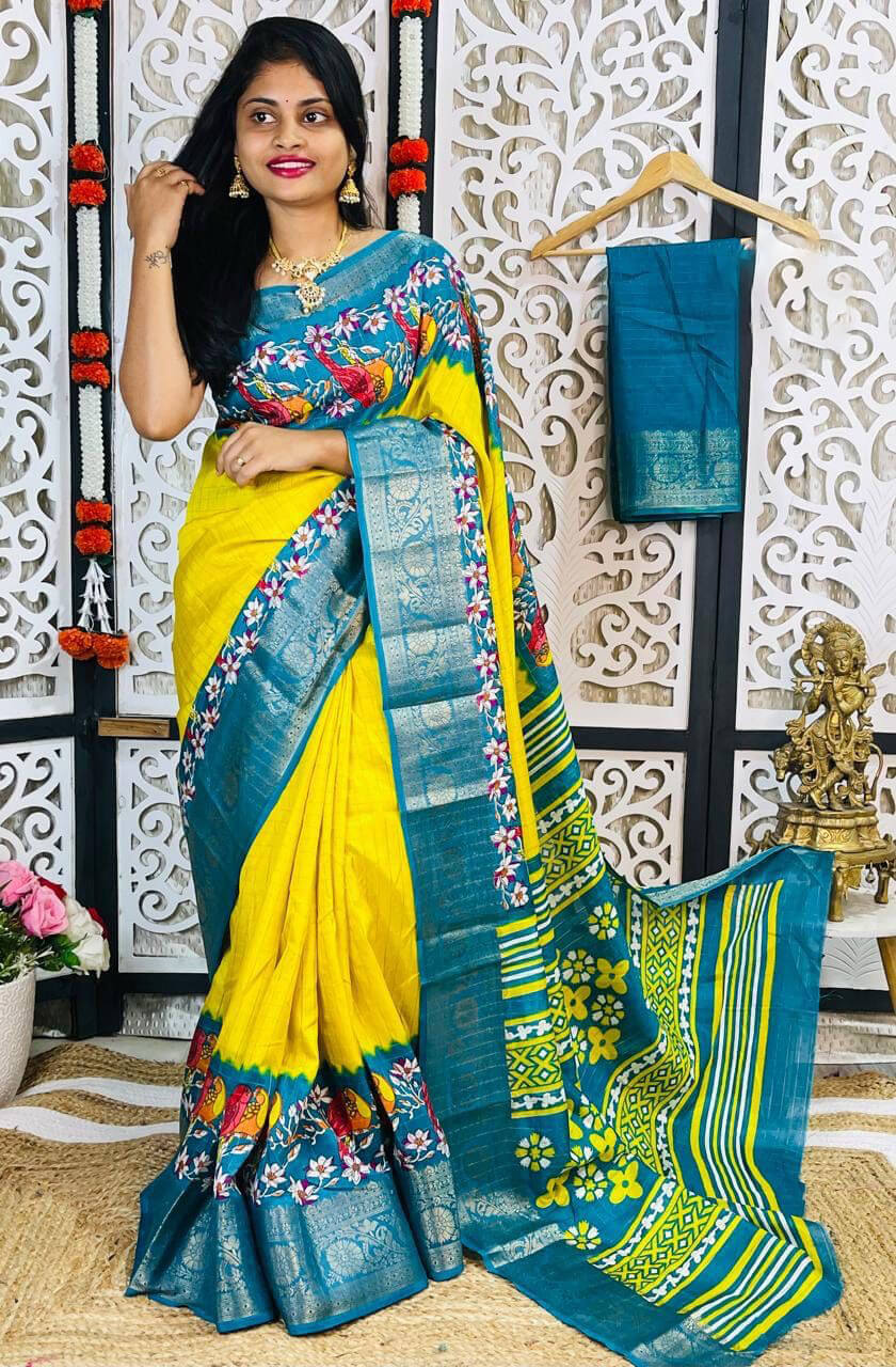 Fugacious Yellow Digital Printed Dola Silk Saree With Amazing Blouse Piece