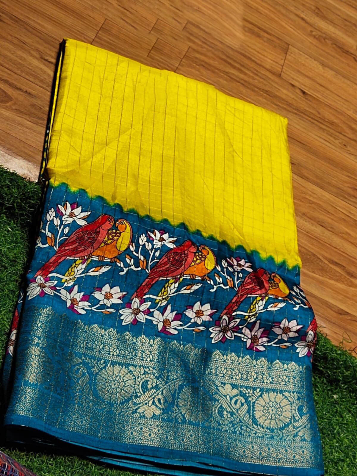 Fugacious Yellow Digital Printed Dola Silk Saree With Amazing Blouse Piece