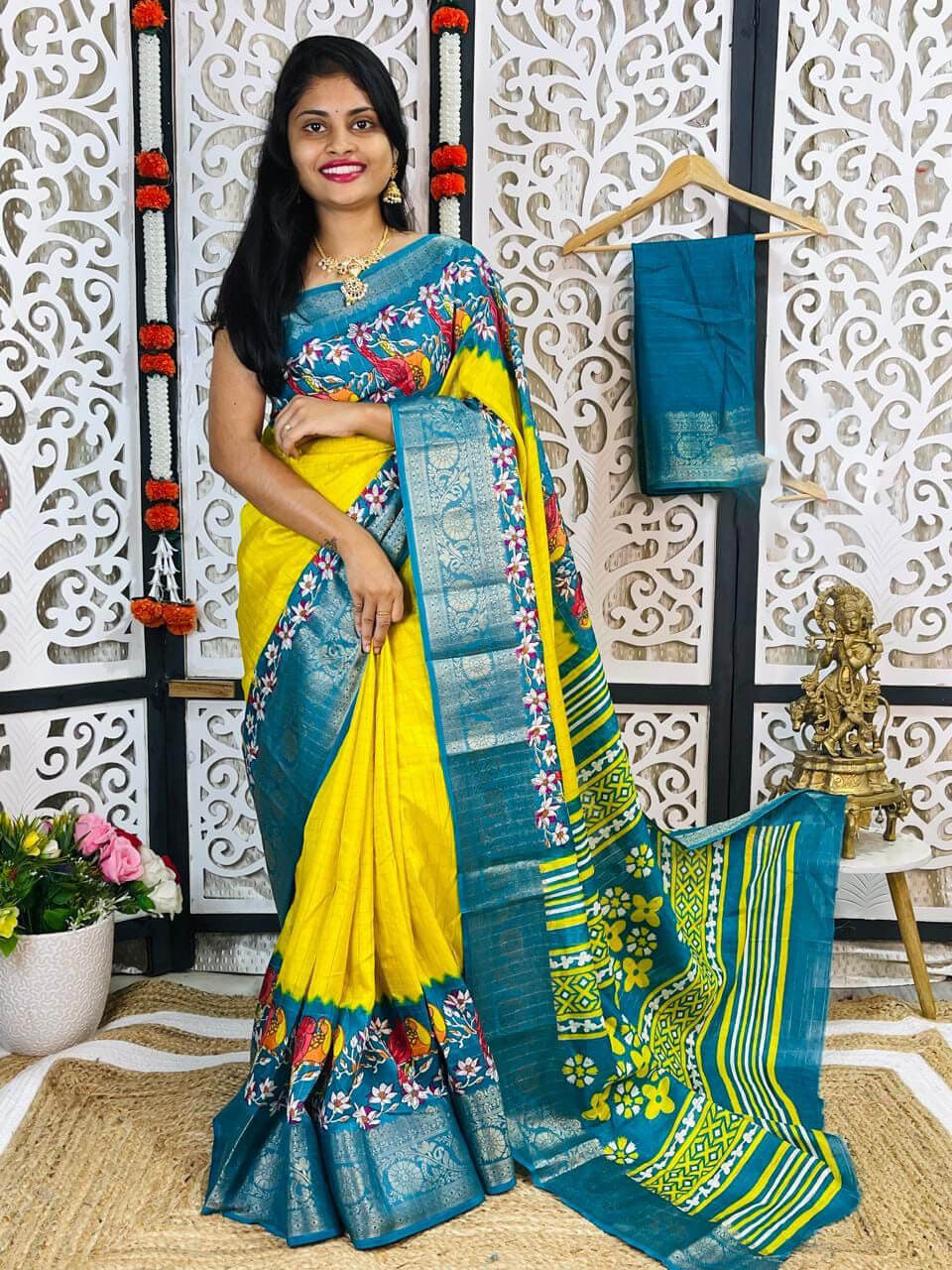 Fugacious Yellow Digital Printed Dola Silk Saree With Amazing Blouse Piece