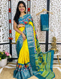 Fugacious Yellow Digital Printed Dola Silk Saree With Amazing Blouse Piece