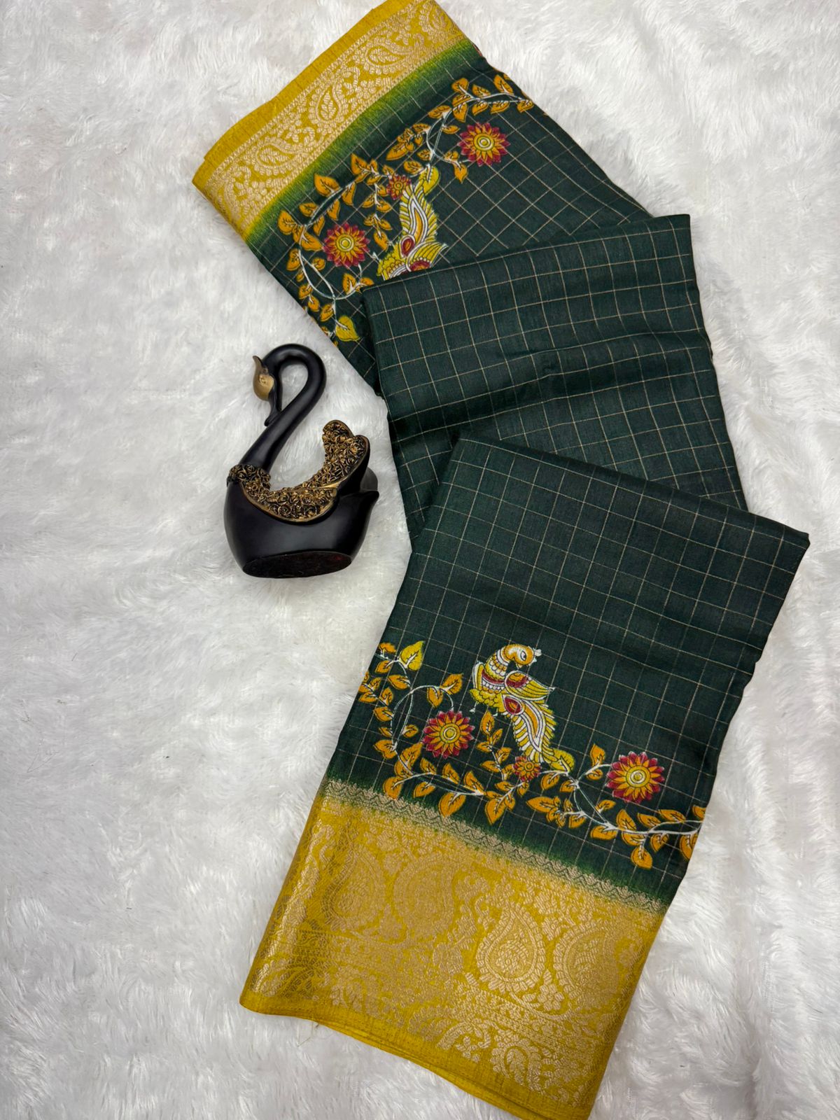 Energetic Dark Green Digital Printed Dola Silk Saree With Ratatouille Blouse Piece