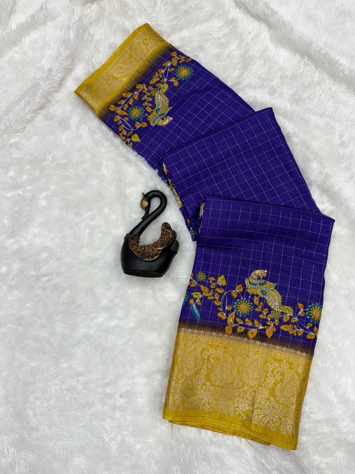 Gleaming Navy Blue Digital Printed Dola Silk Saree With Quintessential Blouse Piece