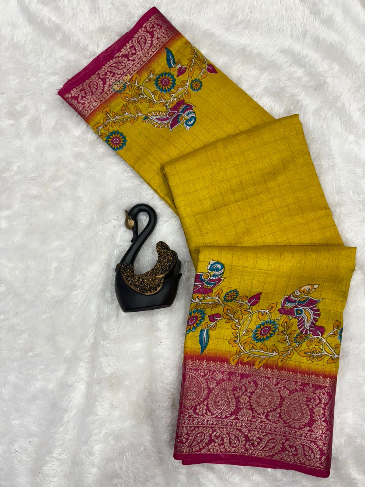 Moiety Yellow Digital Printed Dola Silk Saree With Gleaming Blouse Piece