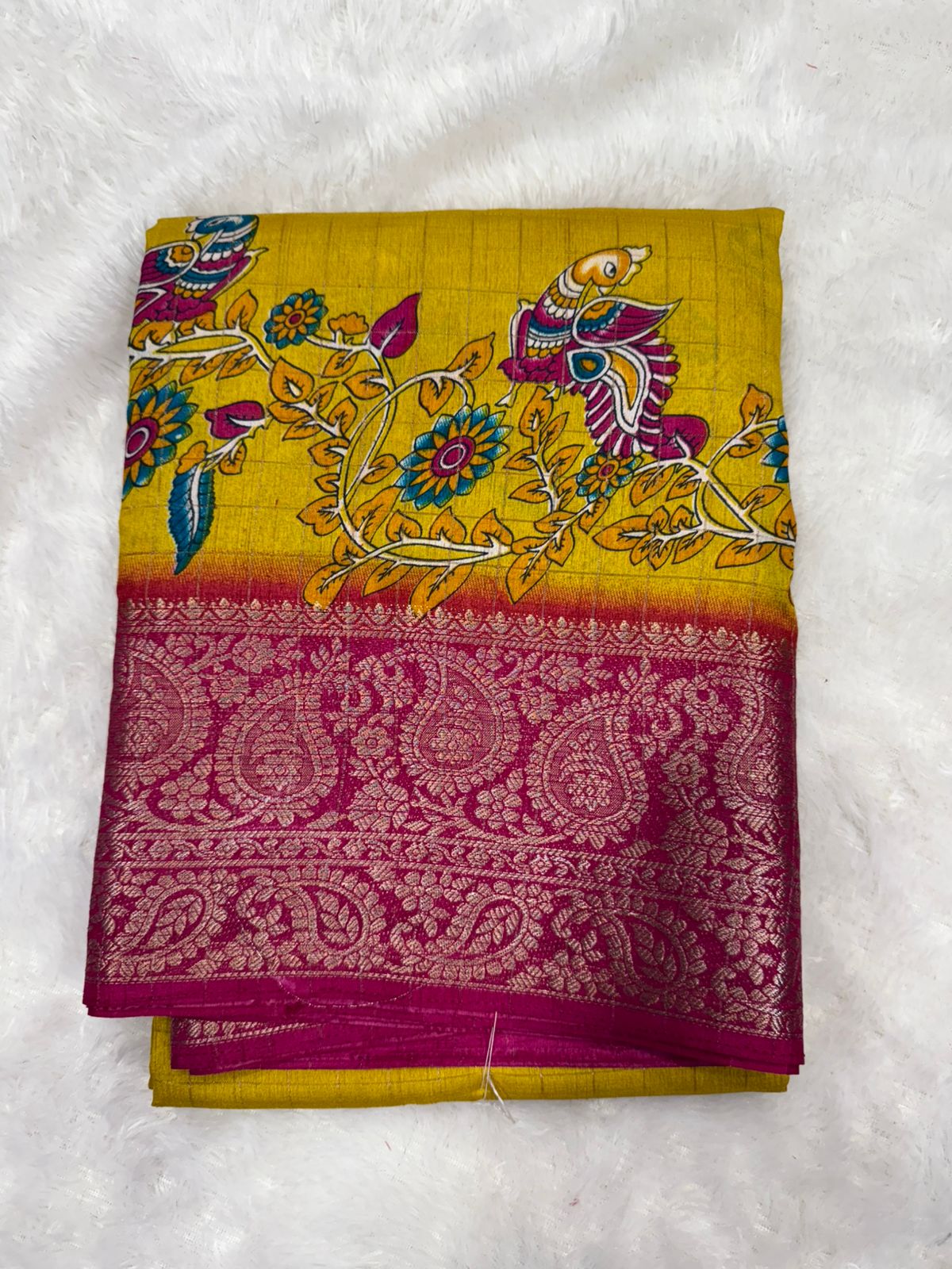 Moiety Yellow Digital Printed Dola Silk Saree With Gleaming Blouse Piece