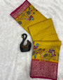 Moiety Yellow Digital Printed Dola Silk Saree With Gleaming Blouse Piece