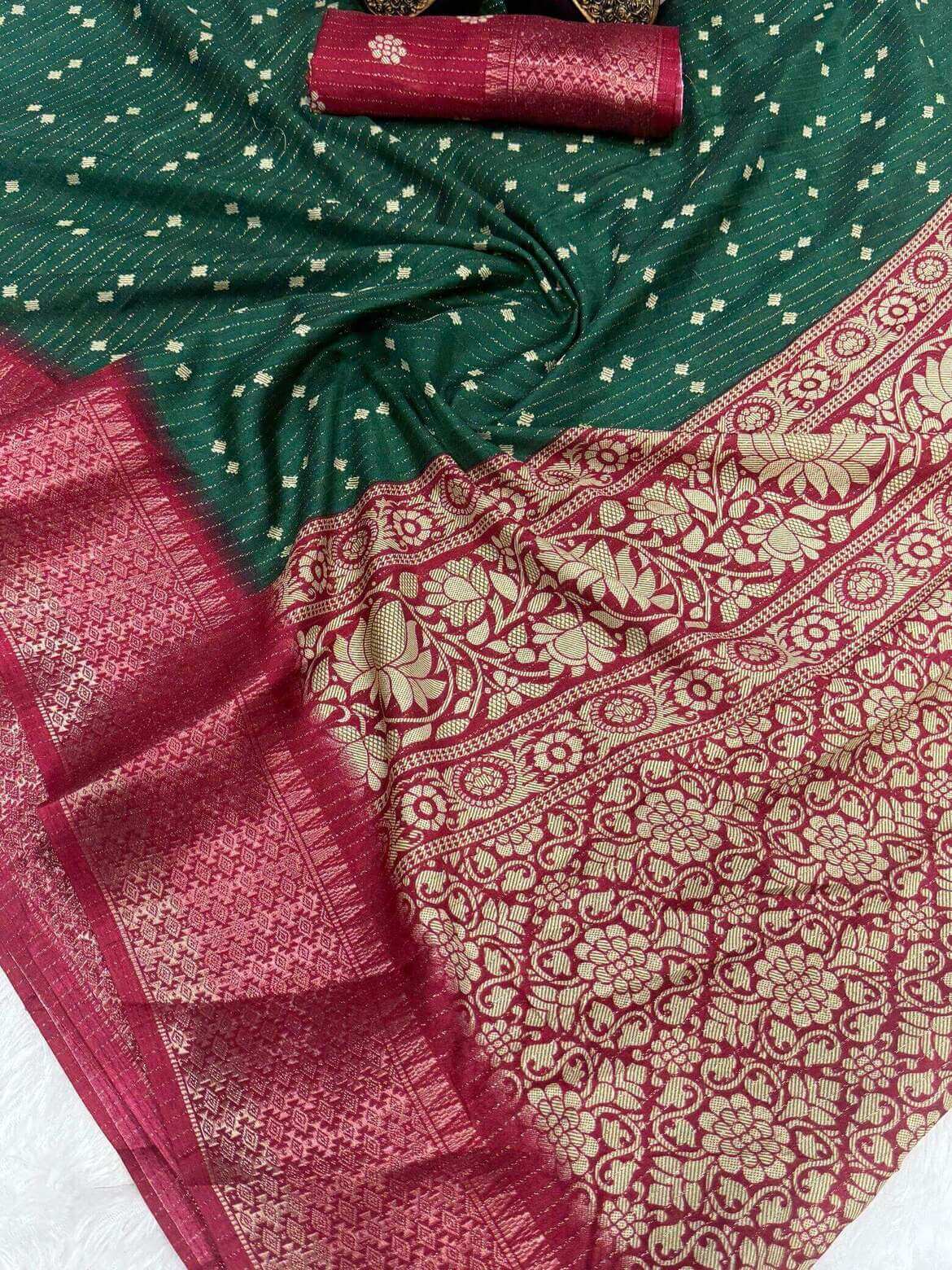 Flattering Dark Green Digital Printed Dola Silk Saree With Mellifluous Blouse Piece