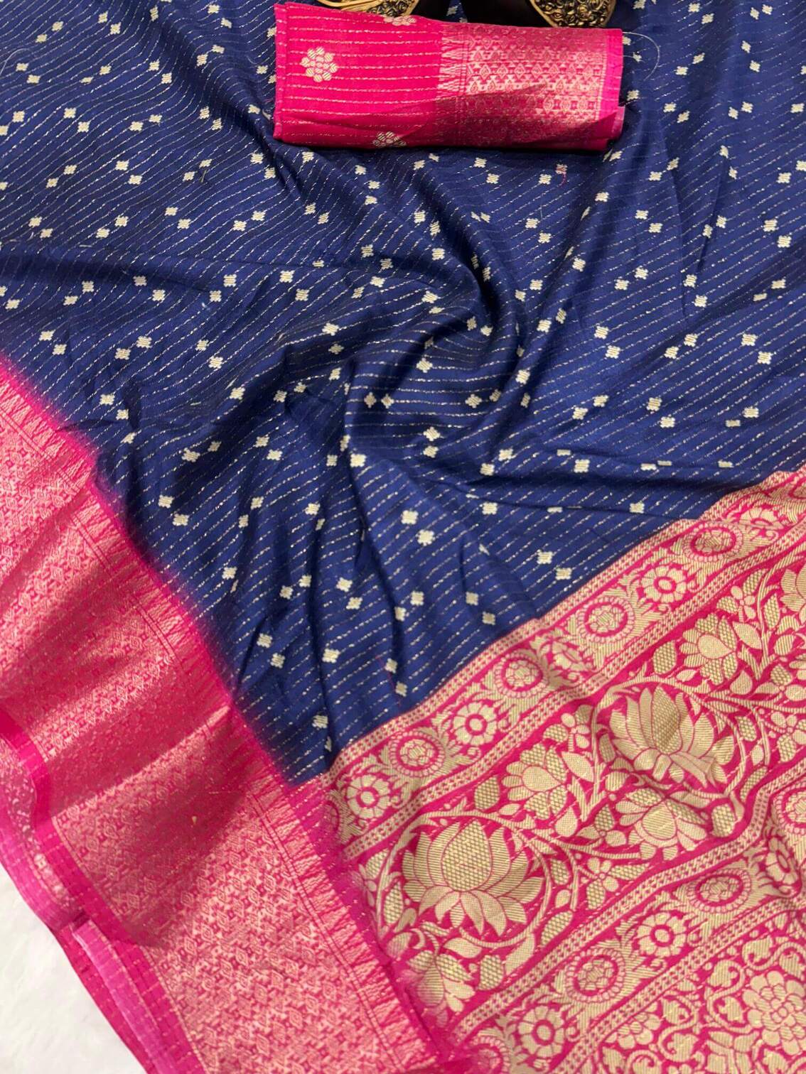 Elegant Navy Blue Digital Printed Dola Silk Saree With Lissome Blouse Piece