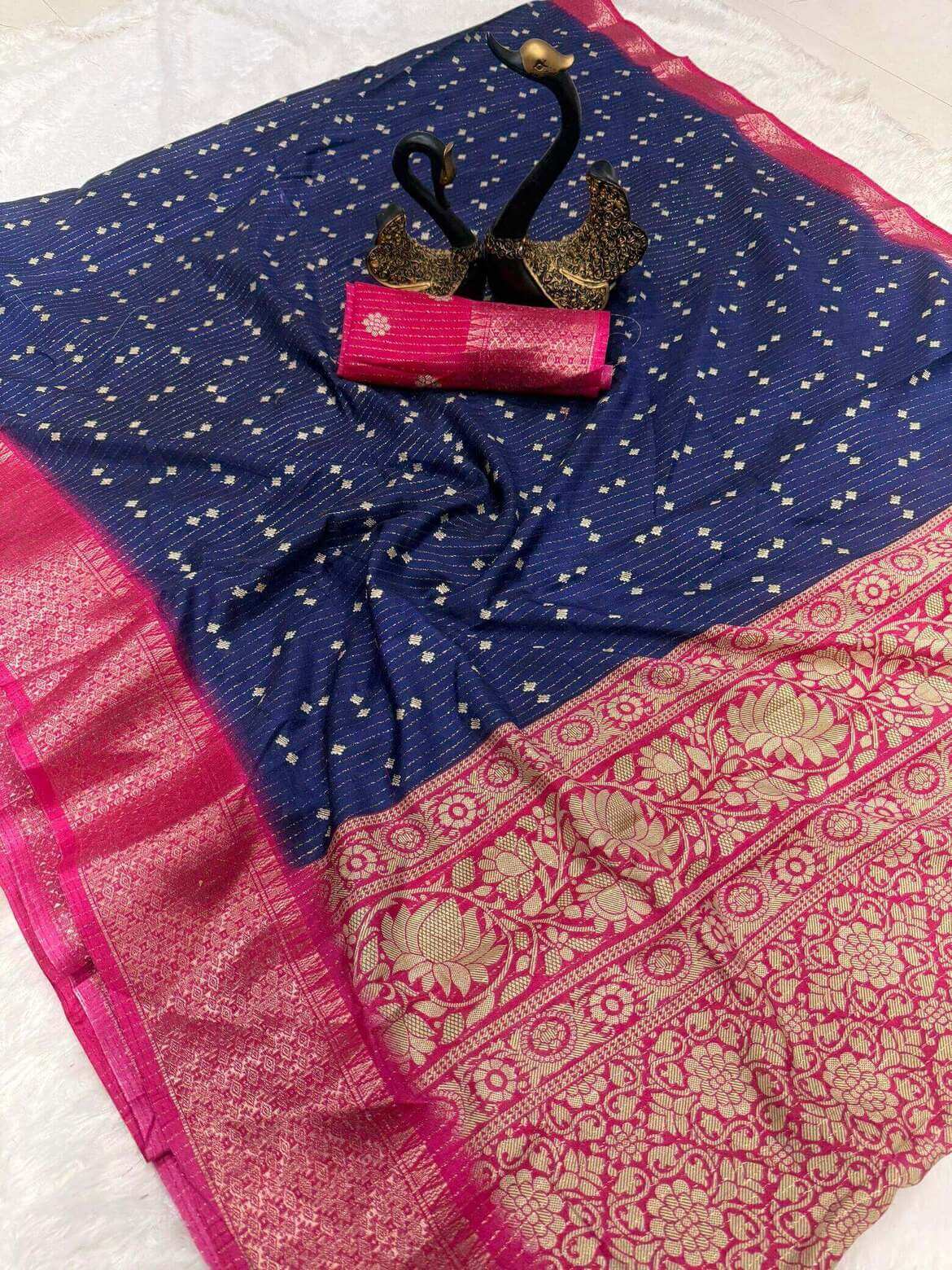 Elegant Navy Blue Digital Printed Dola Silk Saree With Lissome Blouse Piece