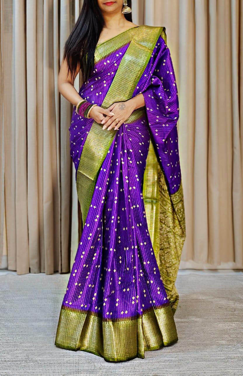 Luminous Purple Printed Dola Silk Saree With Trendy Blouse Piece