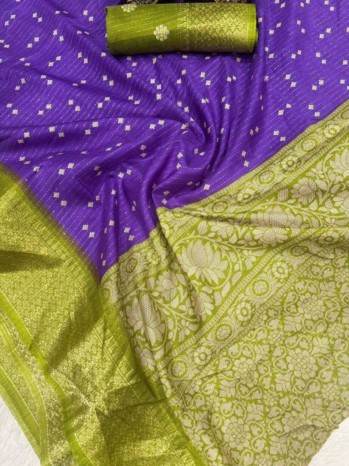 Luminous Purple Printed Dola Silk Saree With Trendy Blouse Piece