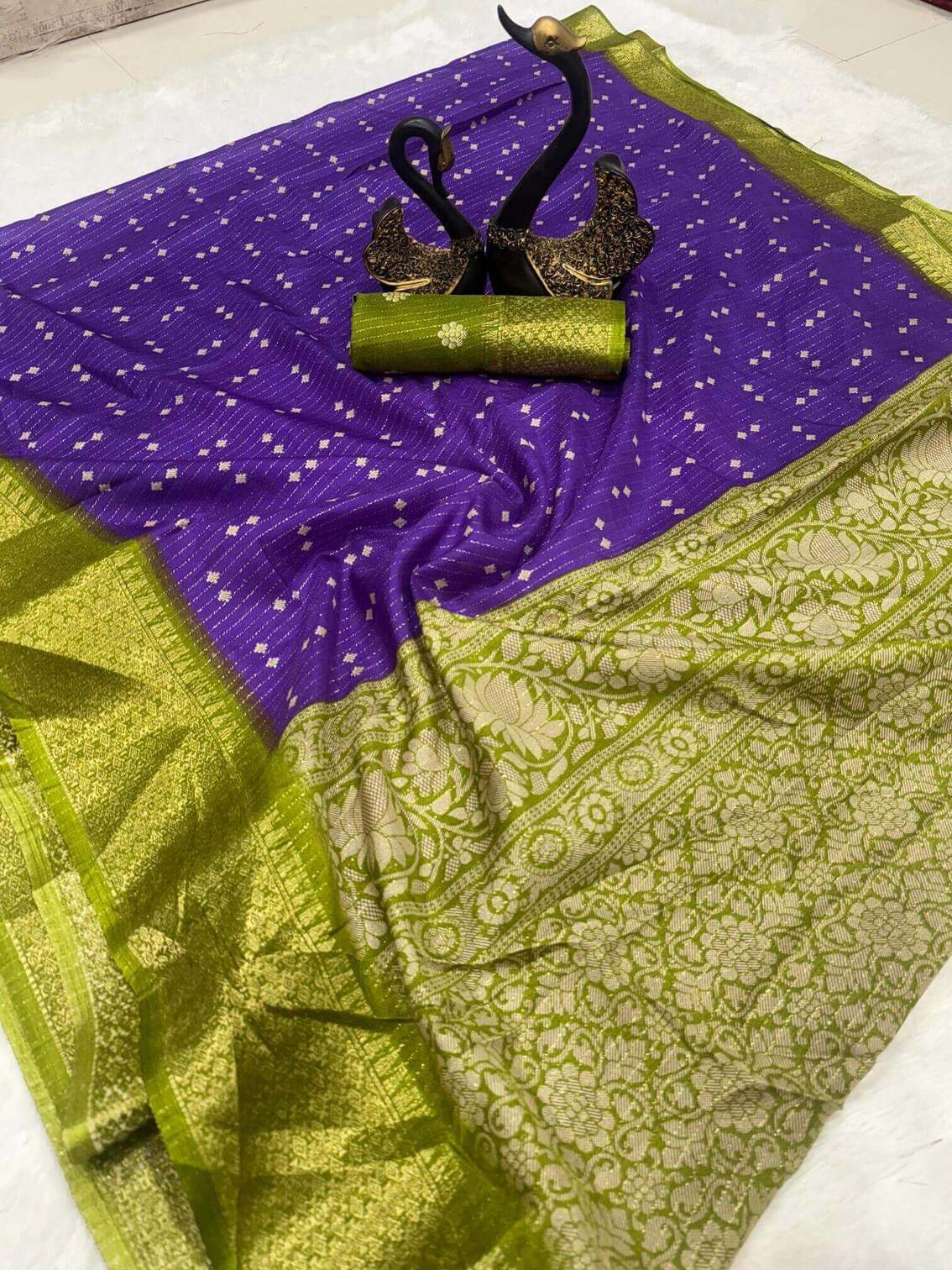 Luminous Purple Printed Dola Silk Saree With Trendy Blouse Piece