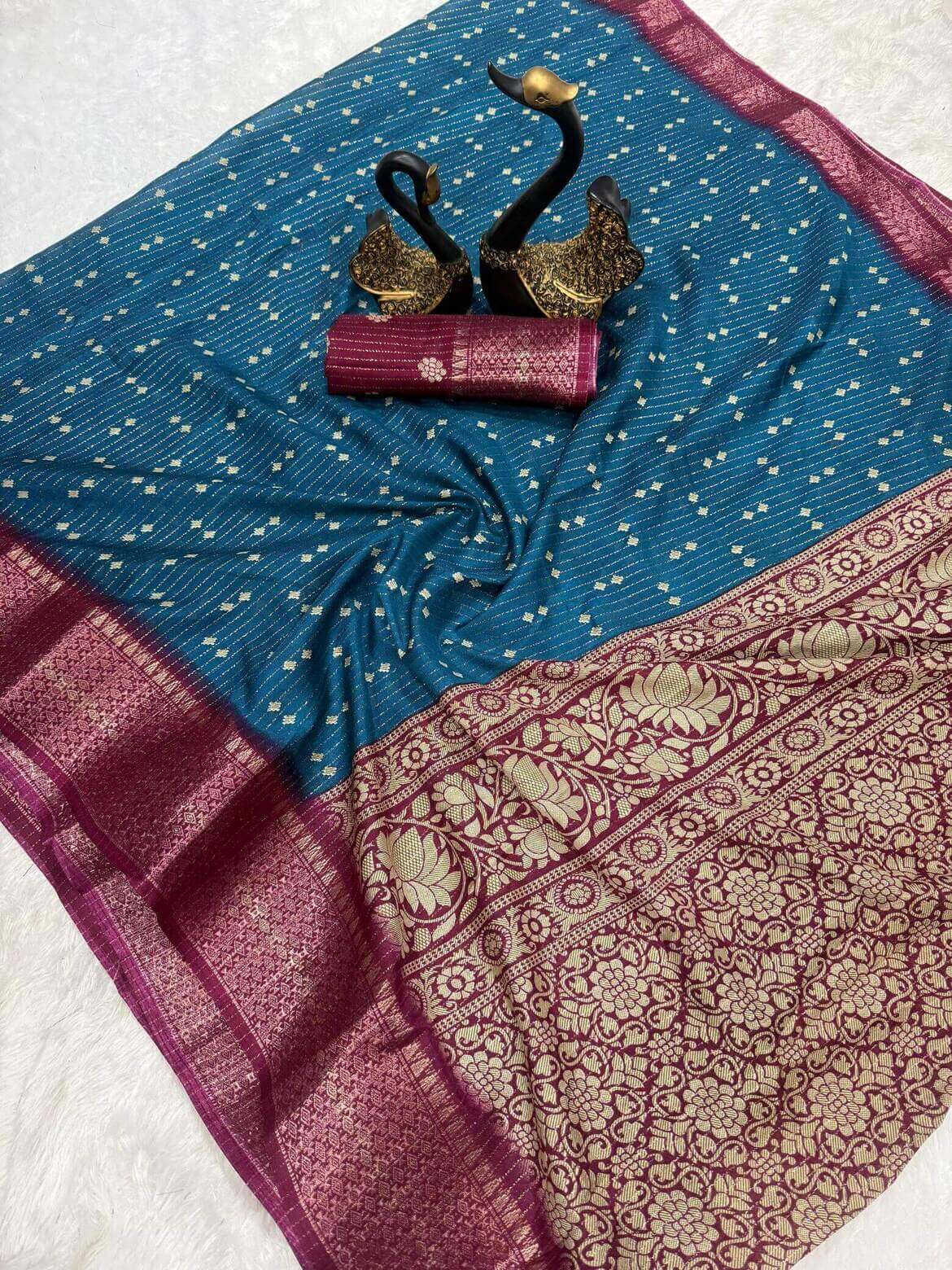 Innovative Teal Blue Digital Printed Dola Silk Saree With Lassitude Blouse Piece