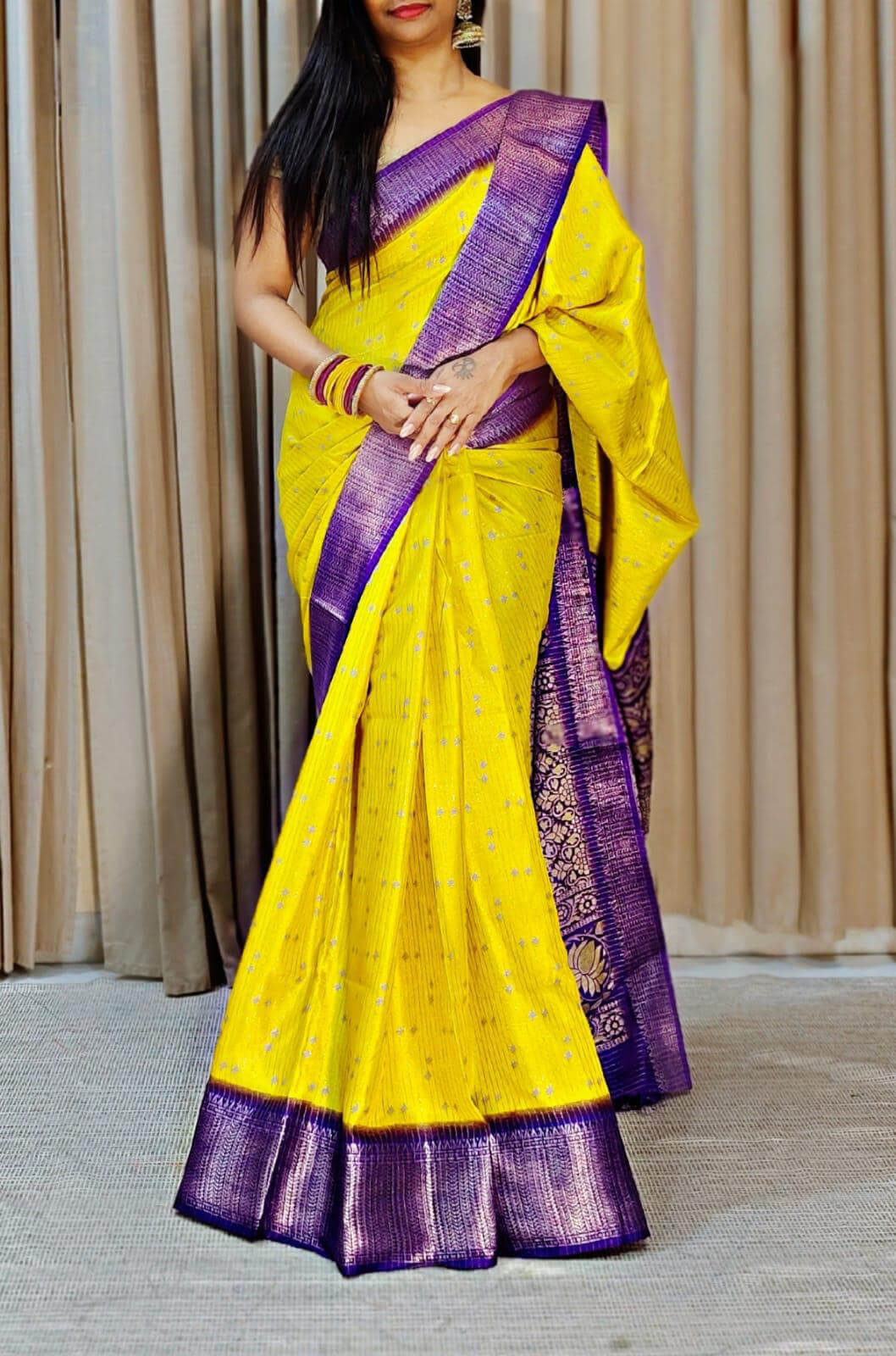 Evocative Yellow Digital Printed Dola Silk Saree With Elegant Blouse Piece