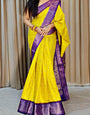 Evocative Yellow Digital Printed Dola Silk Saree With Elegant Blouse Piece