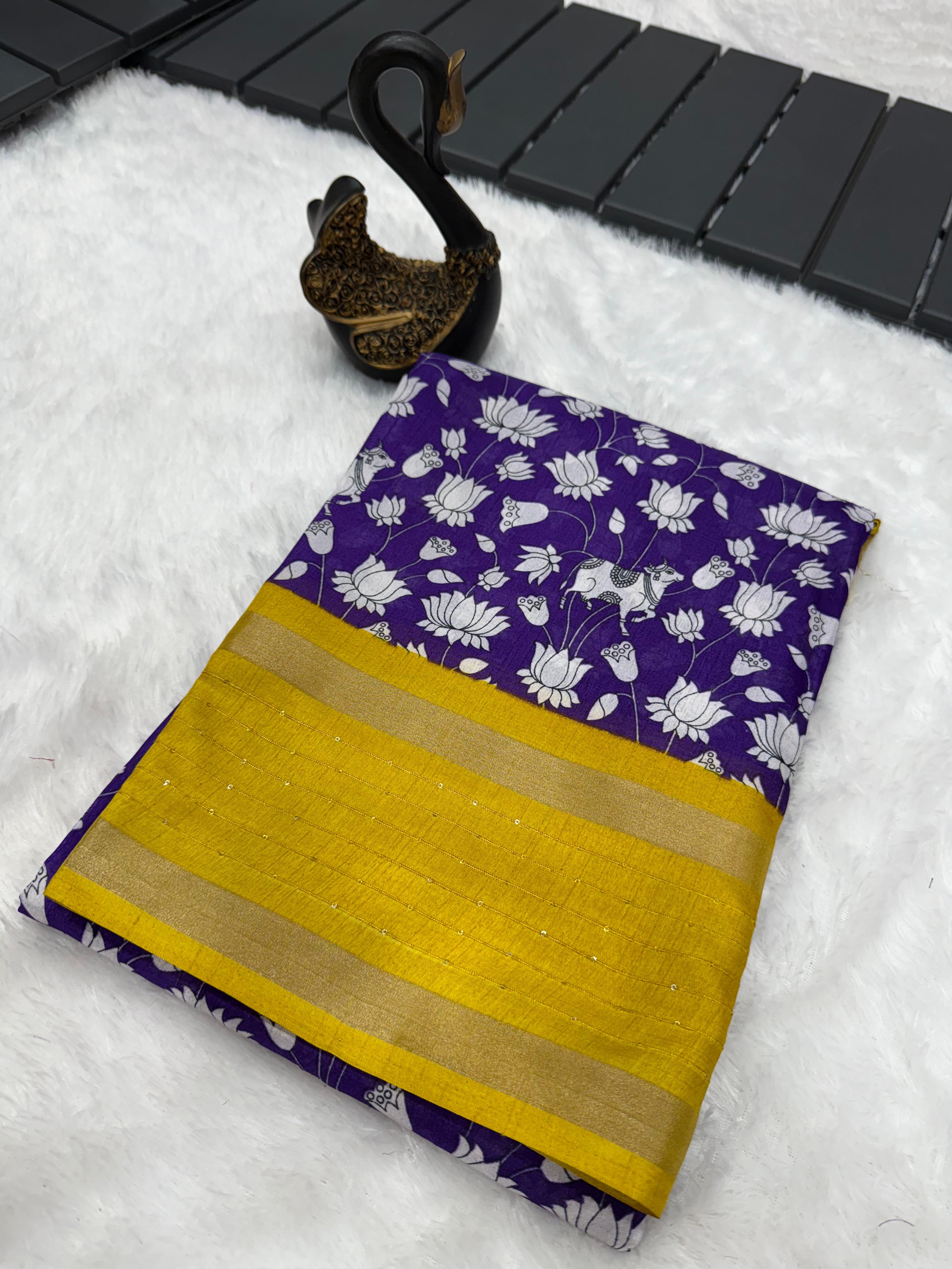 Sophisticated Royal Blue Digital Printed Dola Silk Saree With Propinquity Blouse Piece