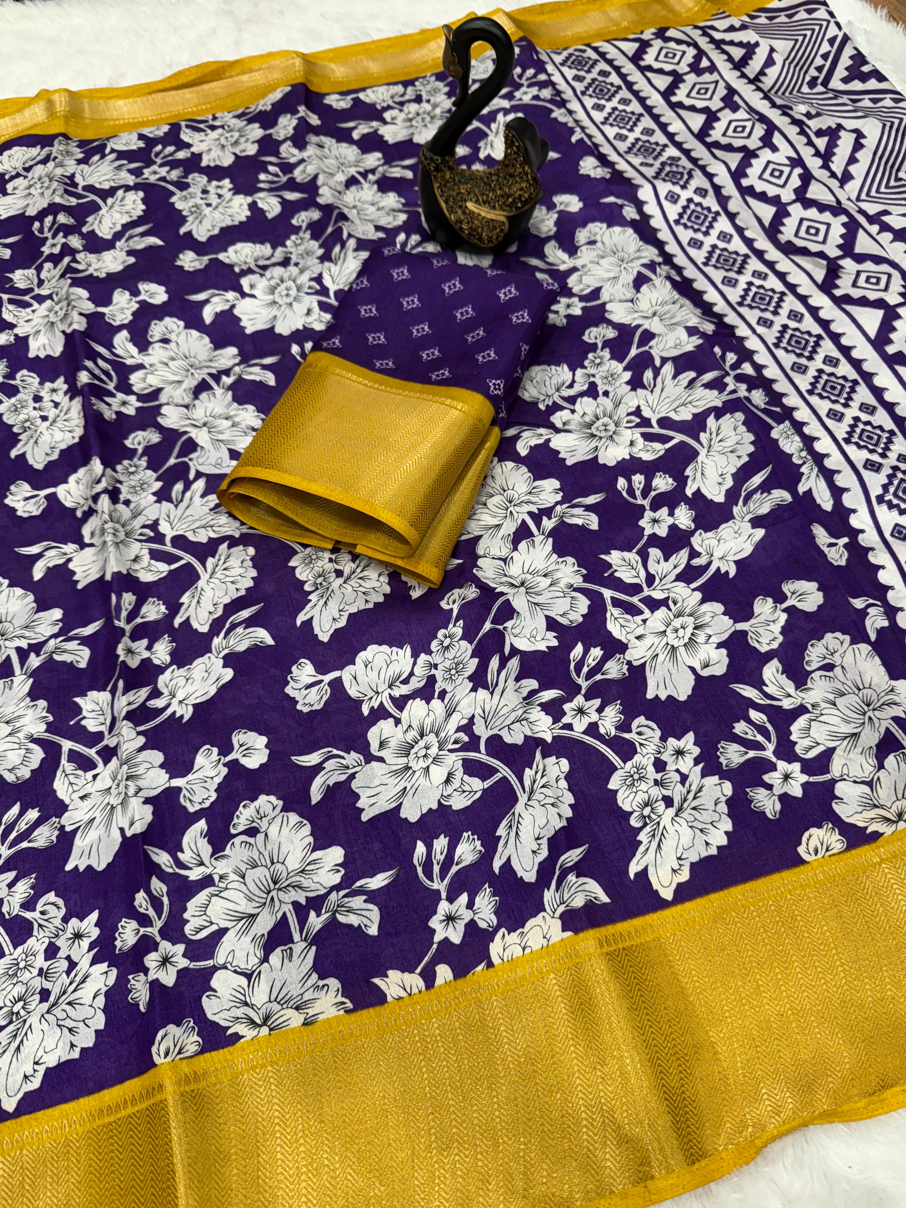 Lovely Royal Blue Digital Printed Dola Silk Saree With Petrichor Blouse Piece