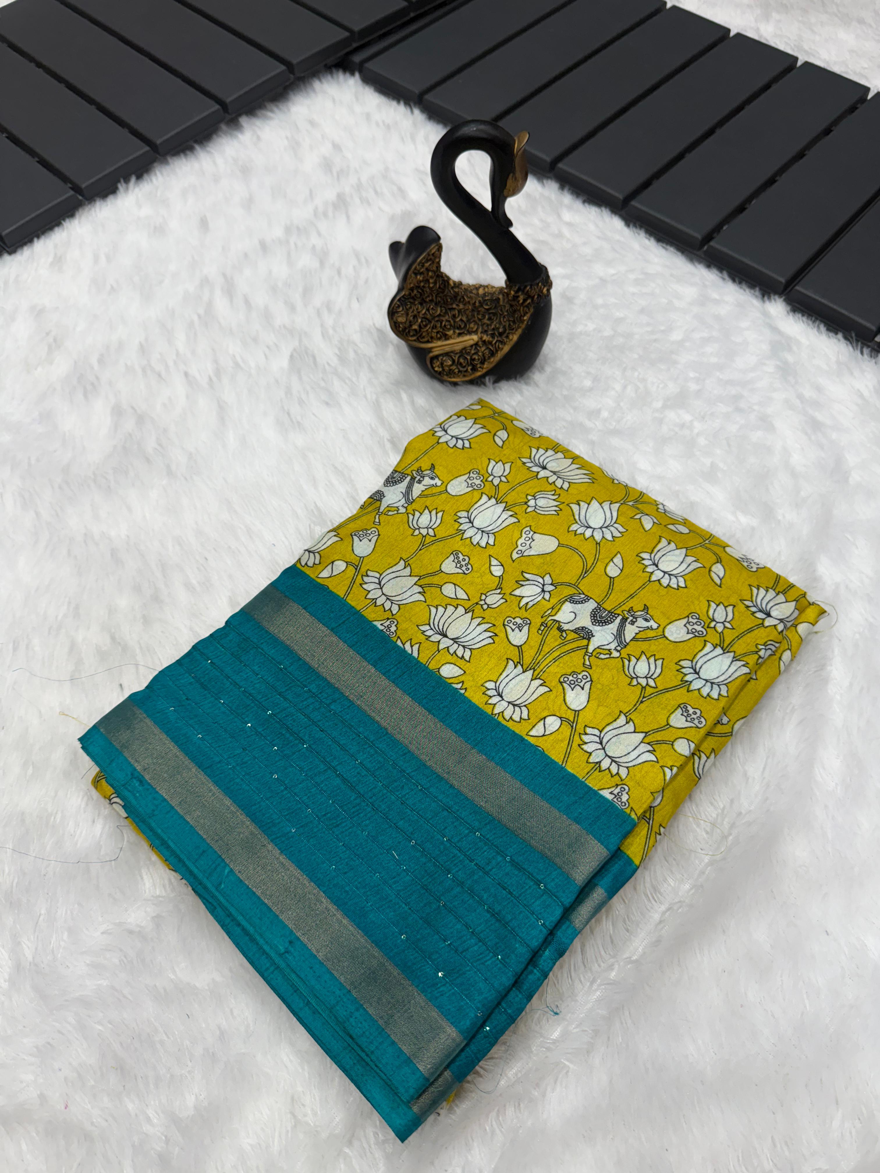 Mellifluous Mustard Digital Printed Dola Silk Saree With Sophisticated Blouse Piece