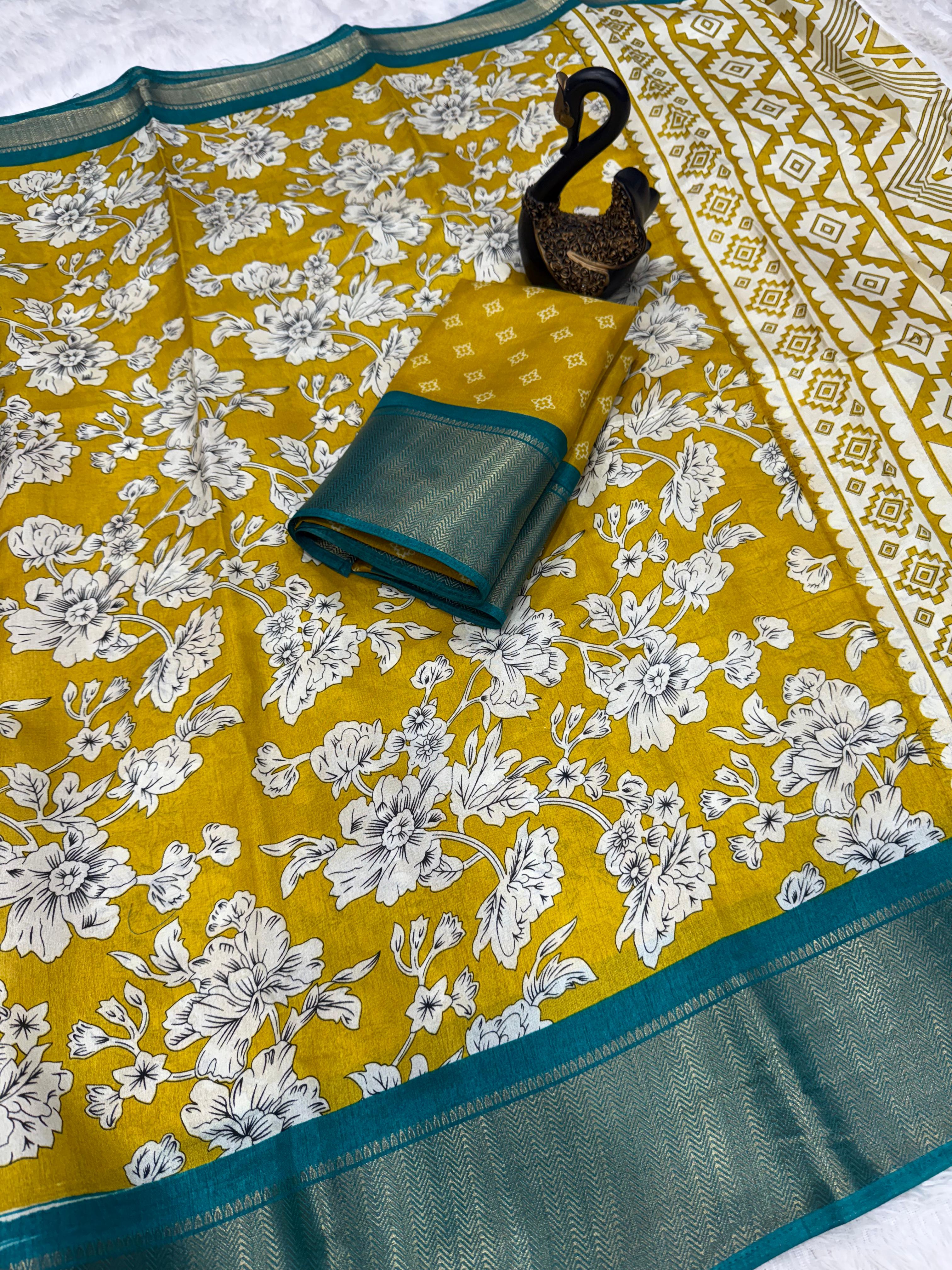 Lissome Mustard Digital Printed Dola Silk Saree With Lovely Blouse Piece