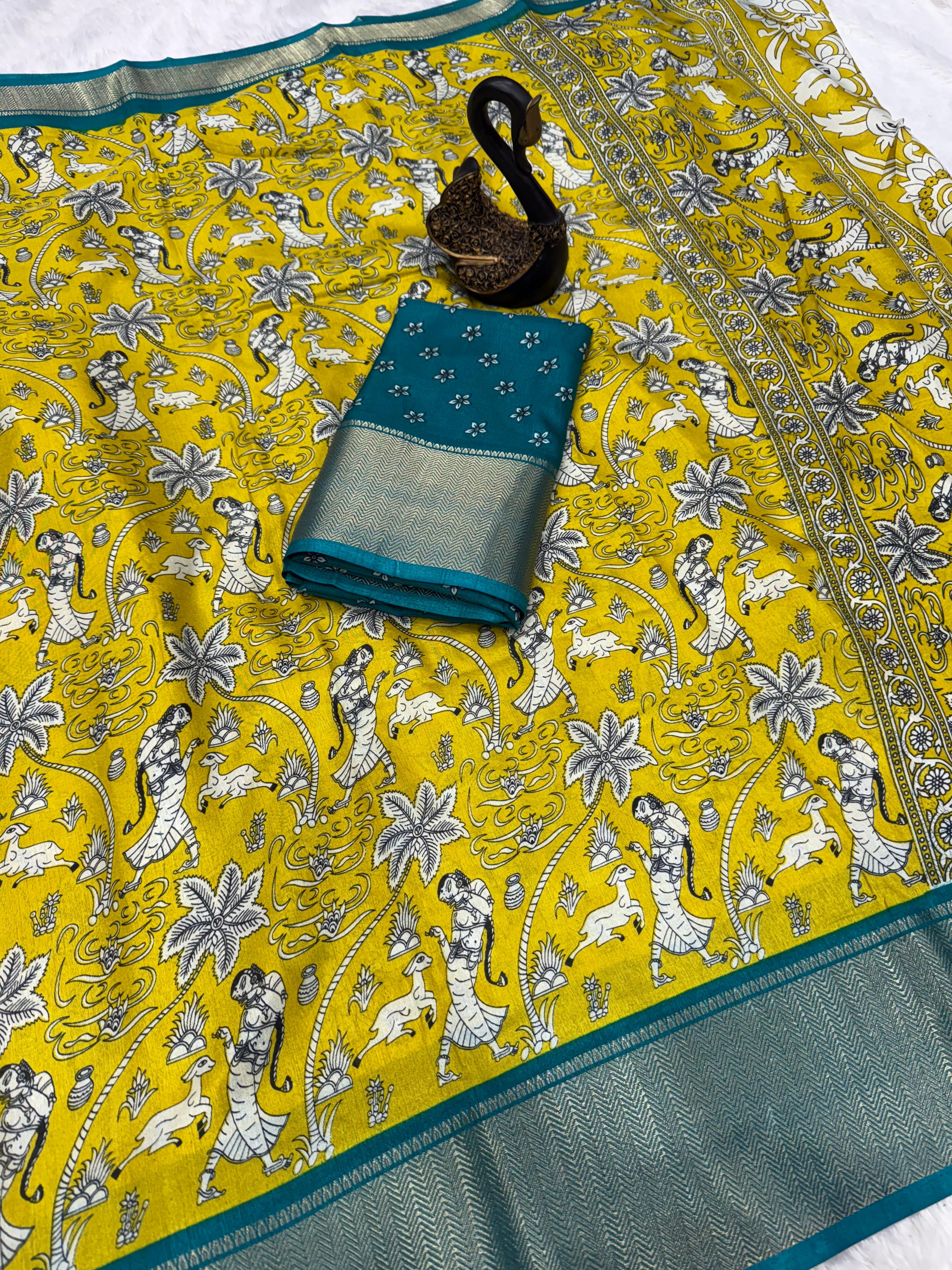 Lassitude Mustard Digital Printed Dola Silk Saree With Extraordinary Blouse Piece